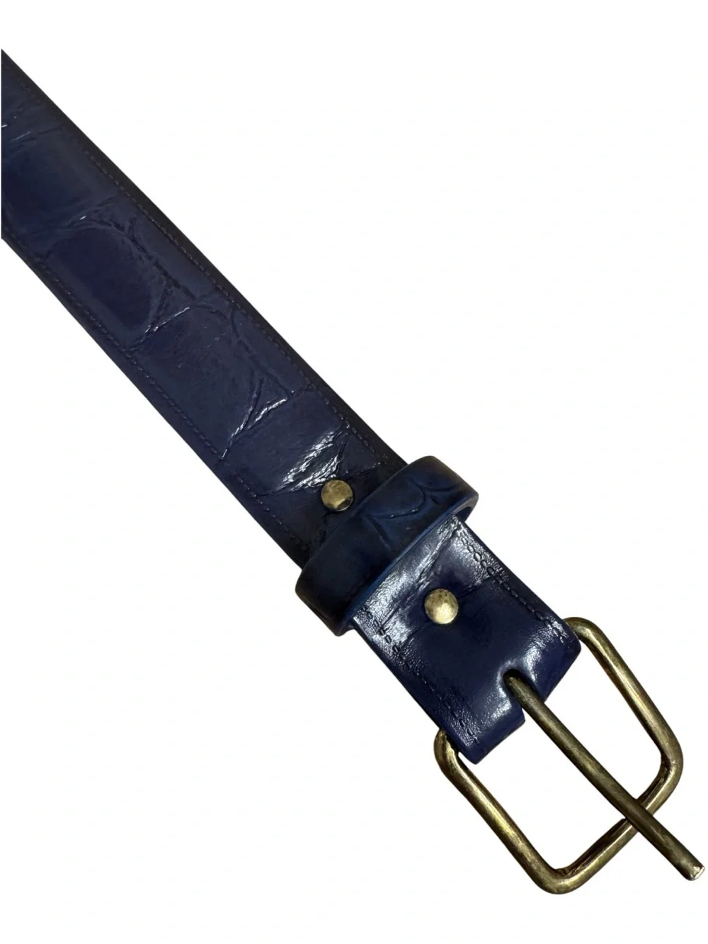 ✨💙VTG Women’s 80’s Blue Leather Croc-Embossed Gold Buckle Minimalist Belt